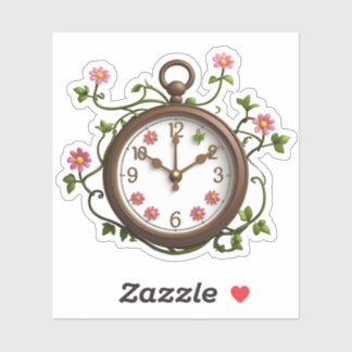 Time Blooms Sticker: Uniek Klok & Bloemen Ontwerp Sticker