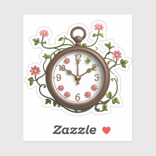 Time Blooms Sticker: Uniek Klok & Bloemen Ontwerp Sticker (Vel)