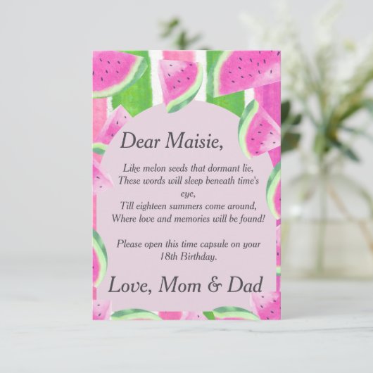 Time Capsule Gedicht Roze Watermeloen Briefje Kaart (Staand voorkant)