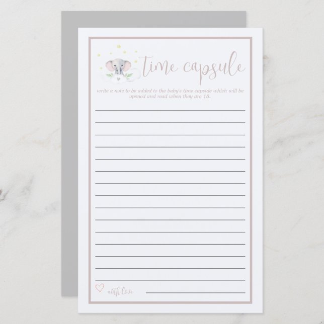 Time Capsule Olifant Baby shower spel (Voorkant / Achterkant)