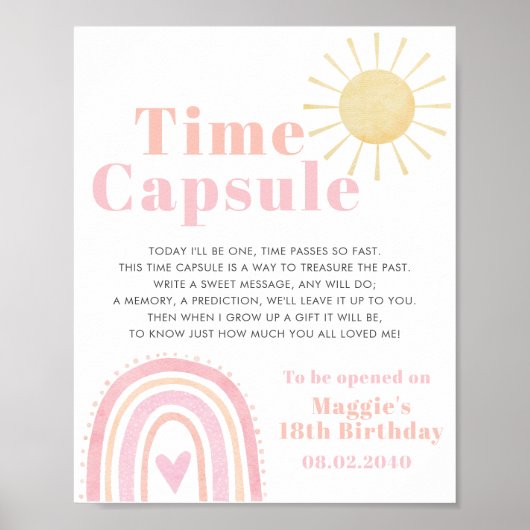 Time Capsule Pastel Rainbow Sun Girl 1e verjaardag Poster (Voorkant)