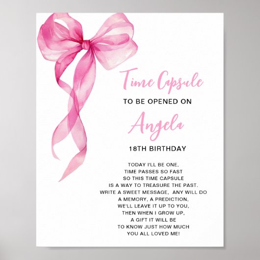 Time Capsule Roze Bow Meisjes 1e verjaardag Poster (Voorkant)