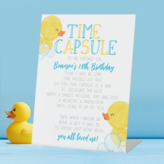 Time Capsule Rubber Duck 1st Verjaardagsfeest Reclamebord Met Voetstuk