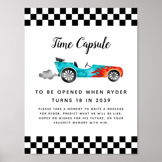 Time Capsule Sign | Jongen Race Car Birthday Party Poster (Voorkant)