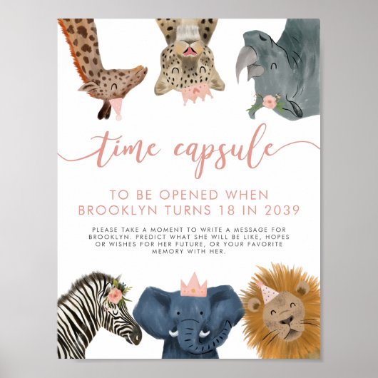 Time Capsule Sign | Pink Safari Birthday Party Poster (Voorkant)