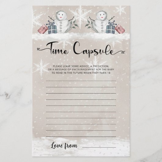Time Capsule Snowman Baby shower spel (Voorkant)