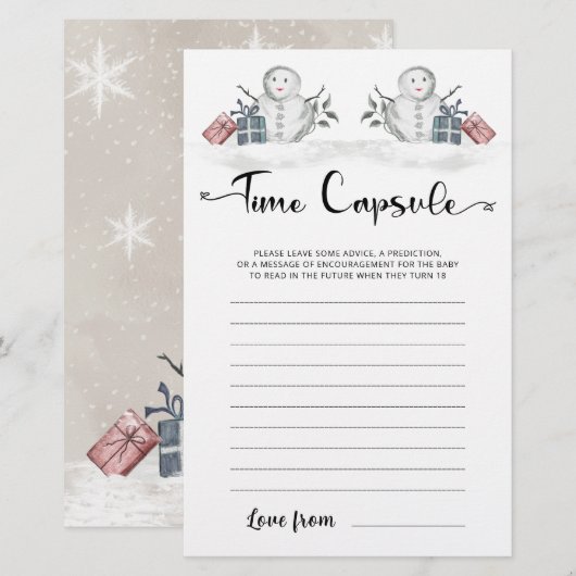 Time Capsule Snowman Baby shower spel (Voorkant / Achterkant)