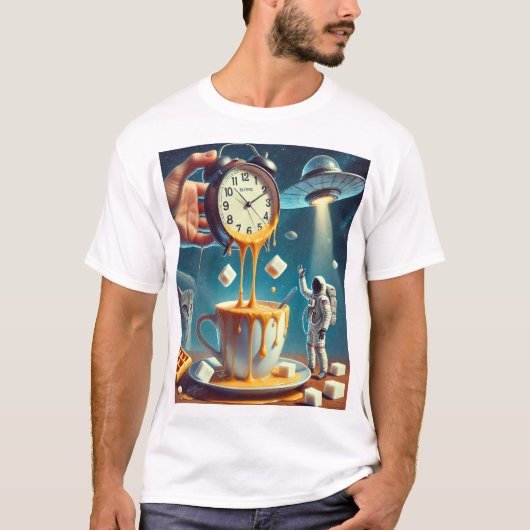 Time Drips & Cosmic Sips – Surreal Coffee Dream T-shirt (Voorkant)