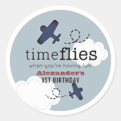 Time Flies Airplane Blue Boy Birthday Classic Roun Ronde Sticker (Voorkant)