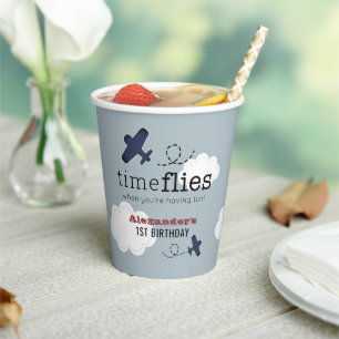 Time Flies Airplane Blue Boy Birthday Paper Cups Papieren Bekers