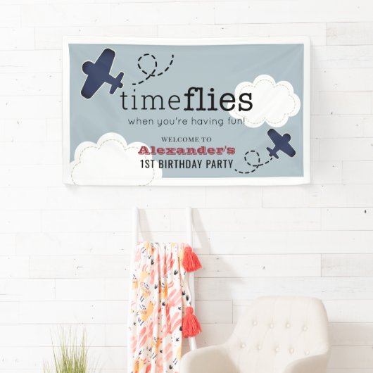 Time Flies Airplane Blue Boy Birthday Welkom Spandoek (Insitu)