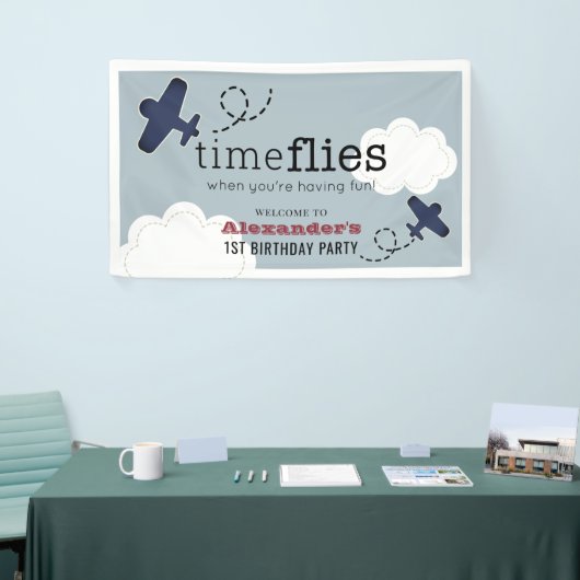 Time Flies Airplane Blue Boy Birthday Welkom Spandoek (Beurs)