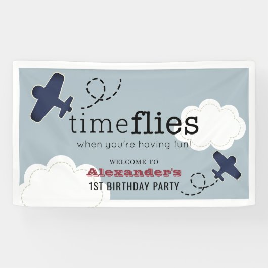 Time Flies Airplane Blue Boy Birthday Welkom Spandoek (Horizontaal)