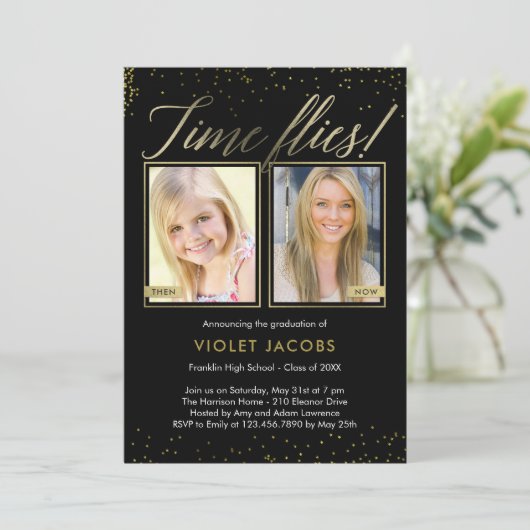 Time Flies EDITABLE COLOR Afstuderen Invision Kaart (Staand voorkant)