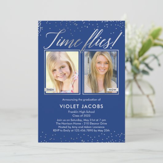 Time Flies EDITABLE COLOR Afstuderen Invision Kaart (Staand voorkant)