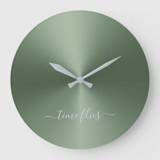 Time Flies Fern Green Metallic Style Acrylic Grote Klok (Voorkant)
