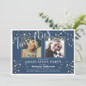 Time Flies Navy Blue Stripe Gold Foto Afstuderen Kaart (Staand voorkant)