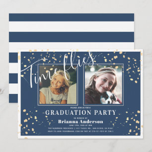 Time Flies Navy Blue Stripe Gold Foto Afstuderen Kaart