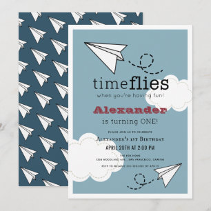 Time Flies Paper Plane Blue Boy 1st Birthday Kaart
