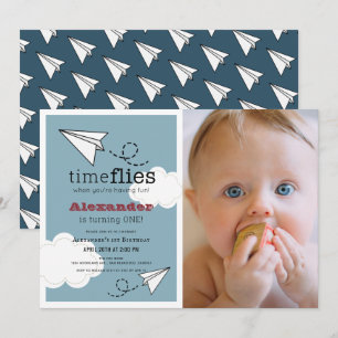 Time Flies Paper Plane Blue Boy Foto1st Birthday Kaart