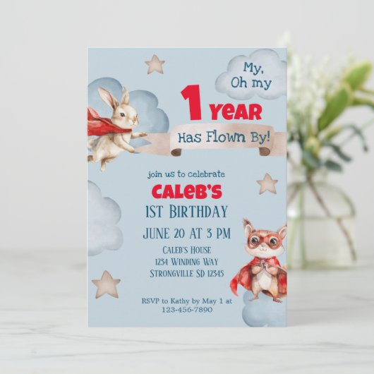 Time Flies Superheld Eerste Verjaardag Kaart (Staand voorkant)