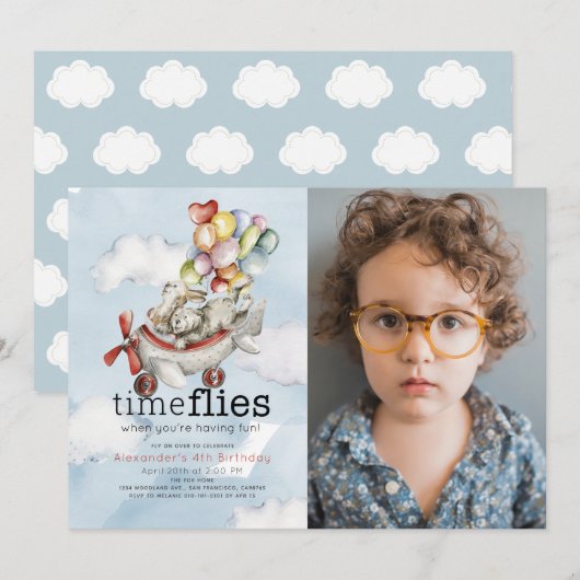 Time Flies Vliegtuig Beer Bunny Verjaardagsfoto Kaart (Voorkant / Achterkant)