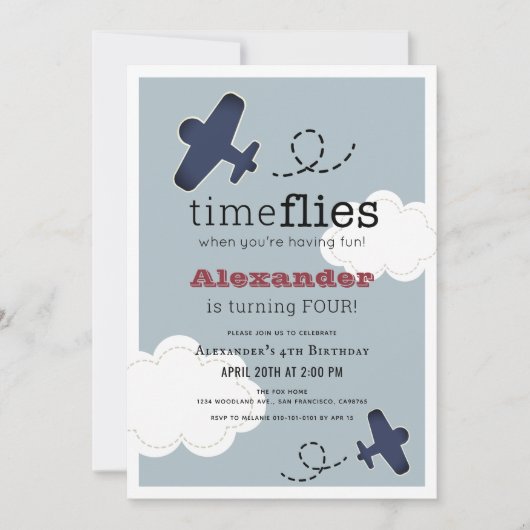 Time Flies Vliegtuig Blue Boy Verjaardag uitnodigi Kaart (Voorkant)