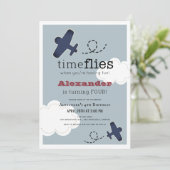Time Flies Vliegtuig Blue Boy Verjaardag uitnodigi Kaart (Staand voorkant)