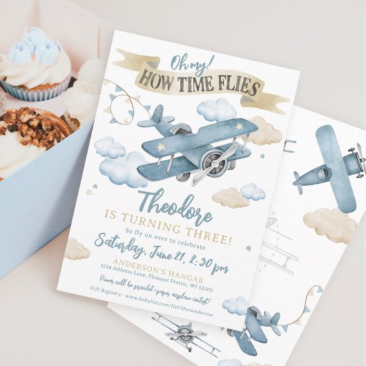 Time Flies Vliegtuig Cool Blue Boy Verjaardagsfees Kaart