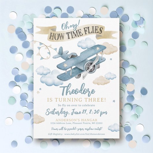 Time Flies Vliegtuig Cool Blue Boy Verjaardagsfees Kaart
