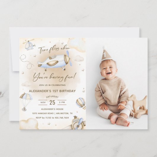 Time Flies Vliegtuig Eerste Verjaardag Party Foto Kaart (Voorkant)