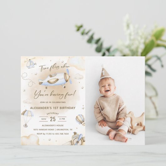 Time Flies Vliegtuig Eerste Verjaardag Party Foto Kaart (Staand voorkant)