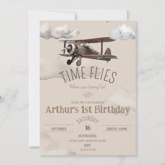 Time Flies Vliegtuig Verjaardag Uitnodiging (Voorkant)