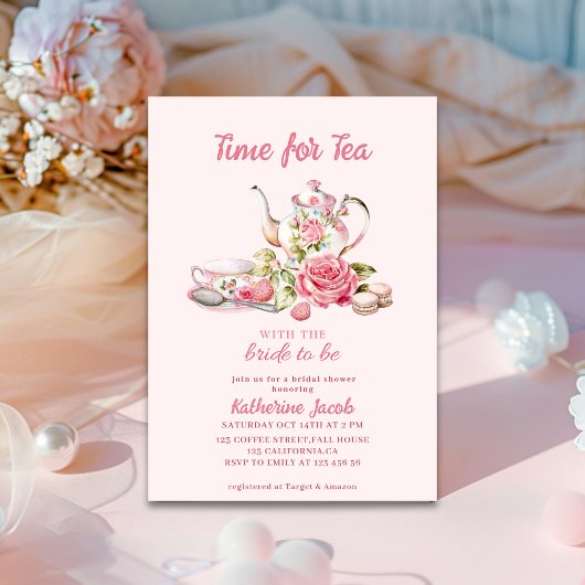 Time for Tea Pink Floral Tea Party Bridal Shower Kaart