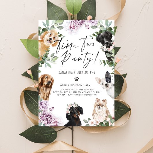 Time for Two Pawty! Mooie waterverf honden bloemen Kaart
