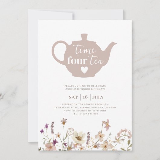 Time Four Tea Bloemen Verjaardag Uitnodiging (Voorkant)