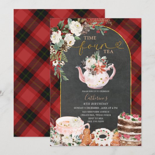 Time Four Tea Party Kerstbloem 4e verjaardag Kaart (Voorkant / Achterkant)