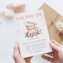 Time Four Tea Teacups Thema Verjaardag Uitnodiging