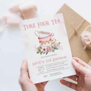 Time Four Tea Teacups Thema Verjaardag Uitnodiging