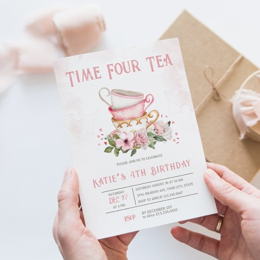 Time Four Tea Teacups Thema Verjaardag Uitnodiging