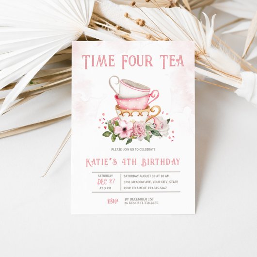 Time Four Tea Teacups Thema Verjaardag Uitnodiging