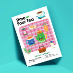 Time Four Tea - uitnodiging voor vierde verjaardag<br><div class="desc">Gooi een lief theefeest om je vierjarige te vieren. Grillige illustraties van theepotten,  theekopjes en geruite roze deken maken deze verjaardagsfeestuitnodiging de perfecte start van een magische middag vol plezier.</div>