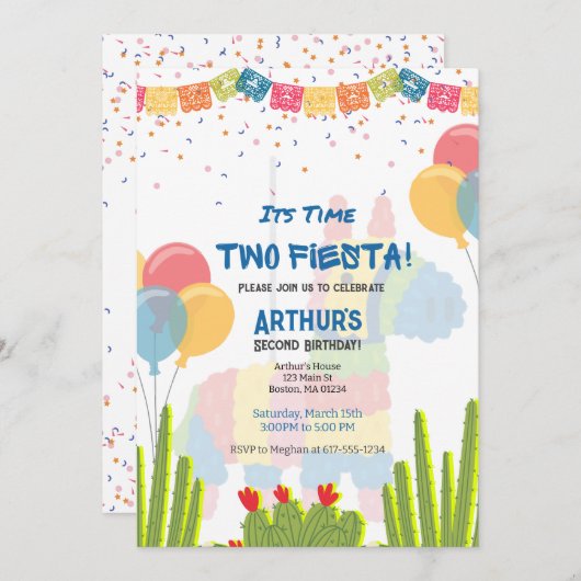 Time Two Fiesta 2e verjaardag Pinata uitnodiging (Voorkant / Achterkant)