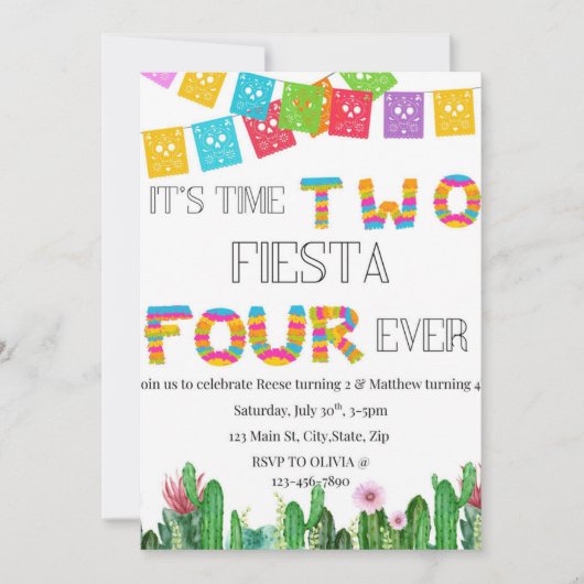 Time Two Fiesta Twins Birthday Invitation Kaart (Voorkant)