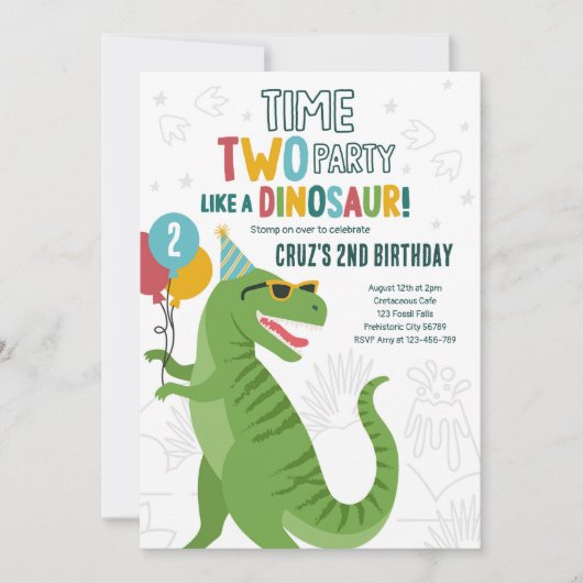 Time Two Party Dinosaur T-Rex 2e Verjaardagsfeest Kaart (Voorkant)