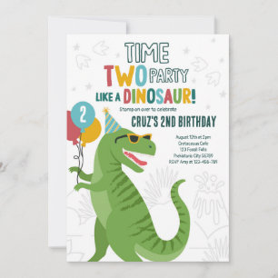 Time Two Party Dinosaur T-Rex 2e Verjaardagsfeest Kaart