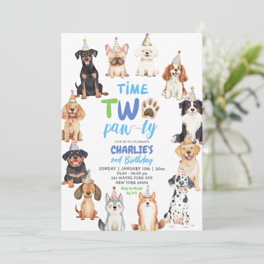 Time Two Pawty Dog Lovers Kids Second Birthday Kaart (Staand voorkant)