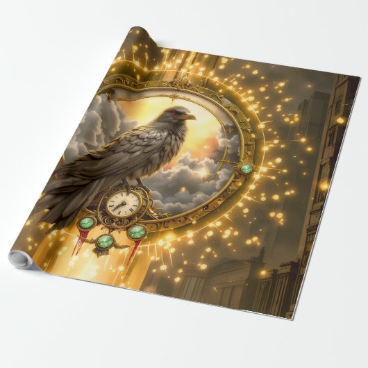 Timekeeper Raven – Gothic Clockwork  Cadeaupapier (Uitgerold)