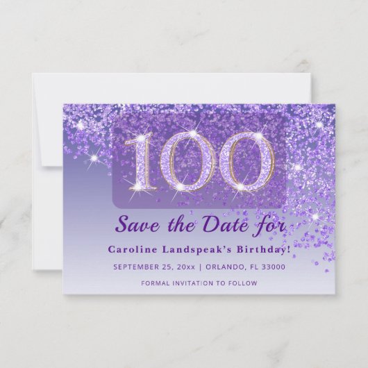 Timeless 100th Birthday Purple Glitter Frosted  Save The Date (Voorkant)