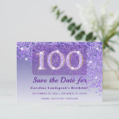 Timeless 100th Birthday Purple Glitter Frosted  Save The Date (Staand voorkant)